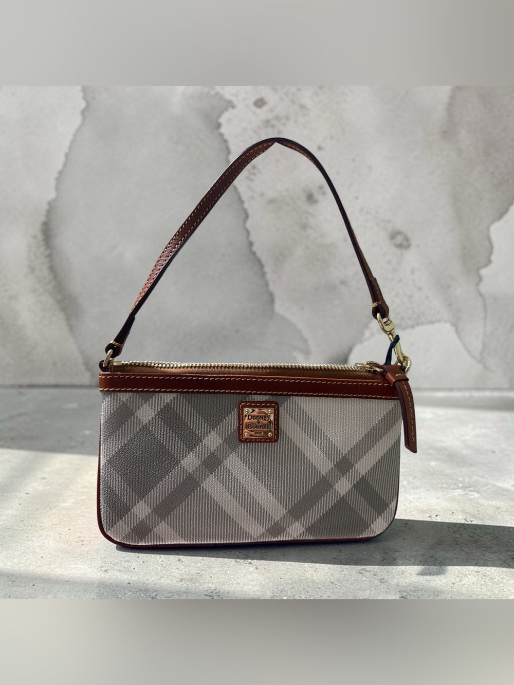 Dooney & Bourke Beige Plaid Large slim Wrislet with Brown Trim